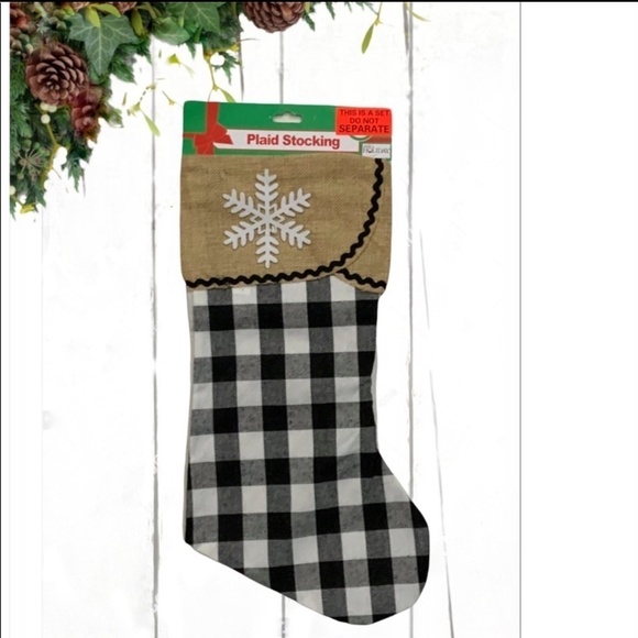 Christmas Stockings Buffalo Plaid Check Black White Burlap Set of 2 - Picture 6 of 8